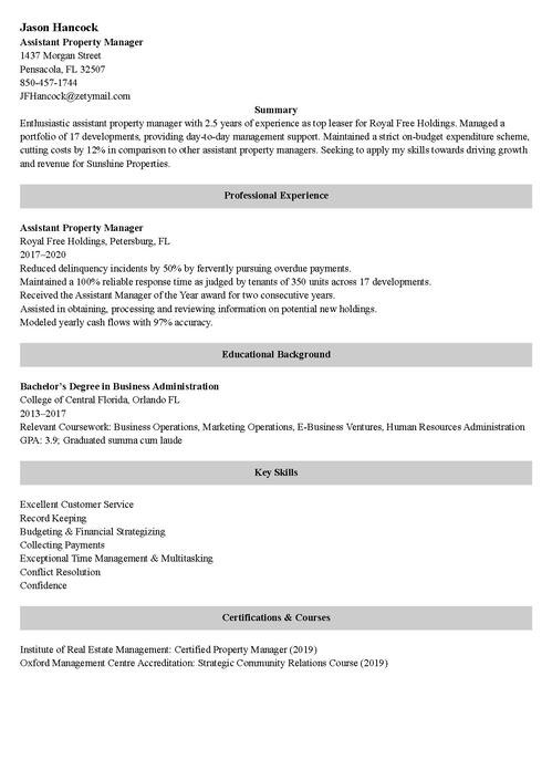 assistant property manager resume example