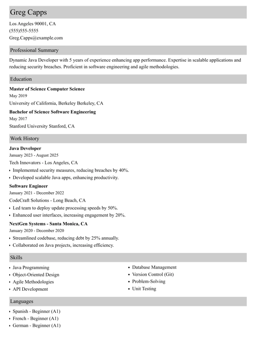 Java developer resume example