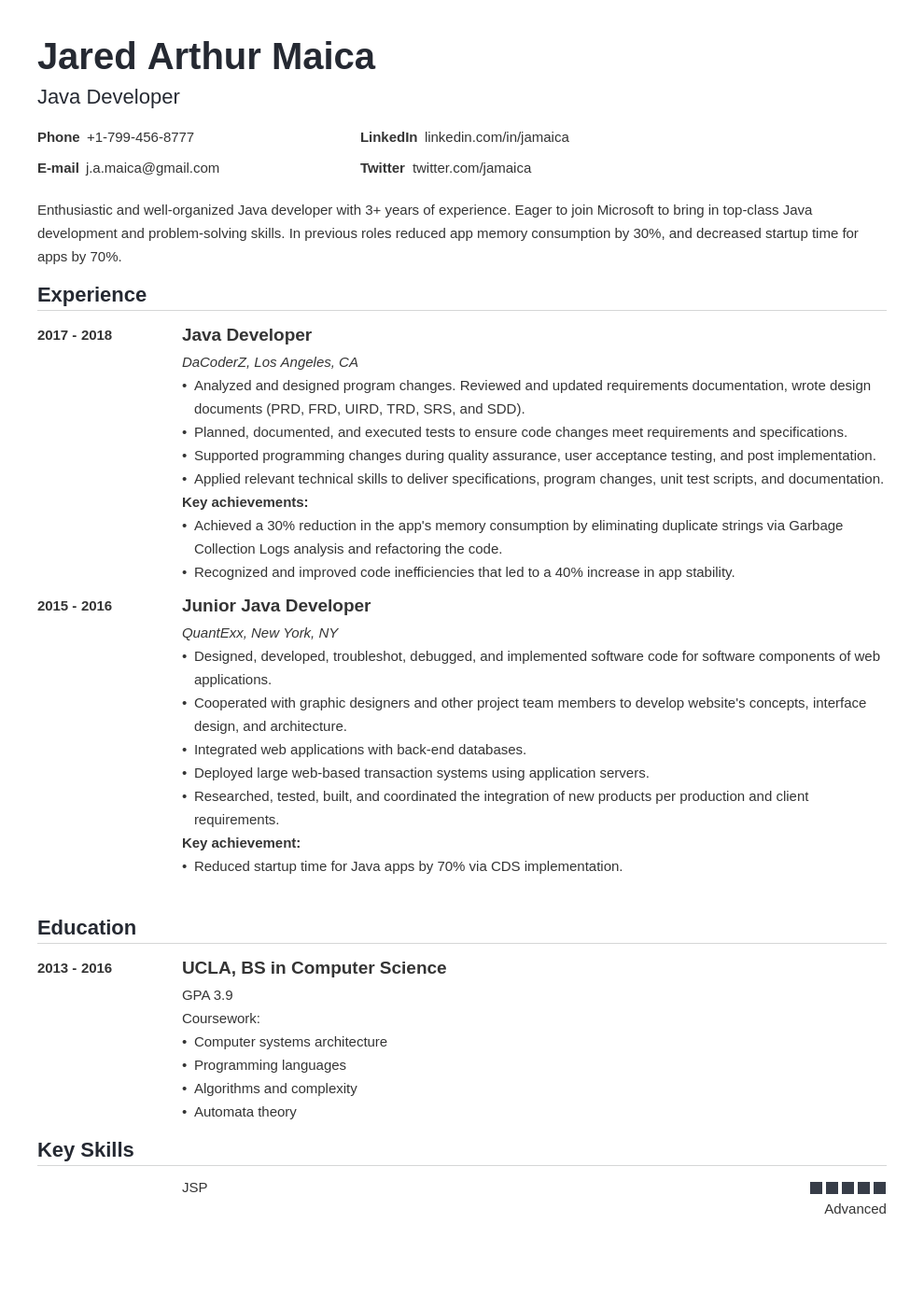 Java Developer Resume Sample (Mid-Level To Senior)