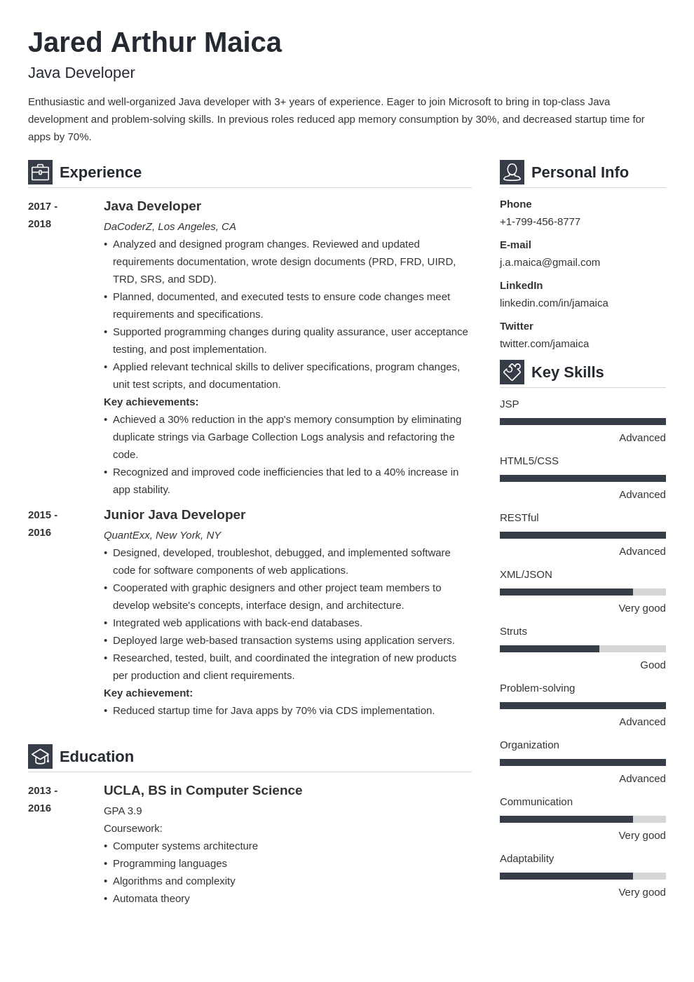 java developer fresher resume template