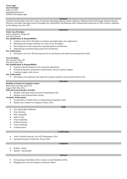 Java developer resume example