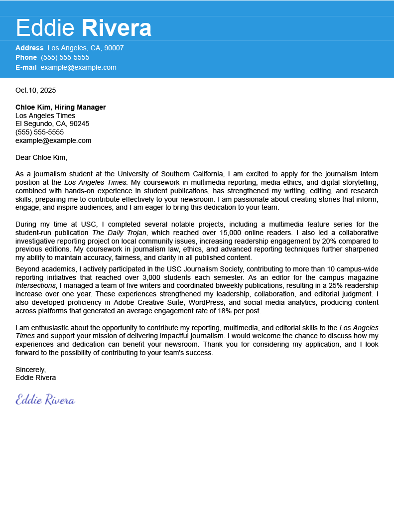 Journalism internship cover letter
