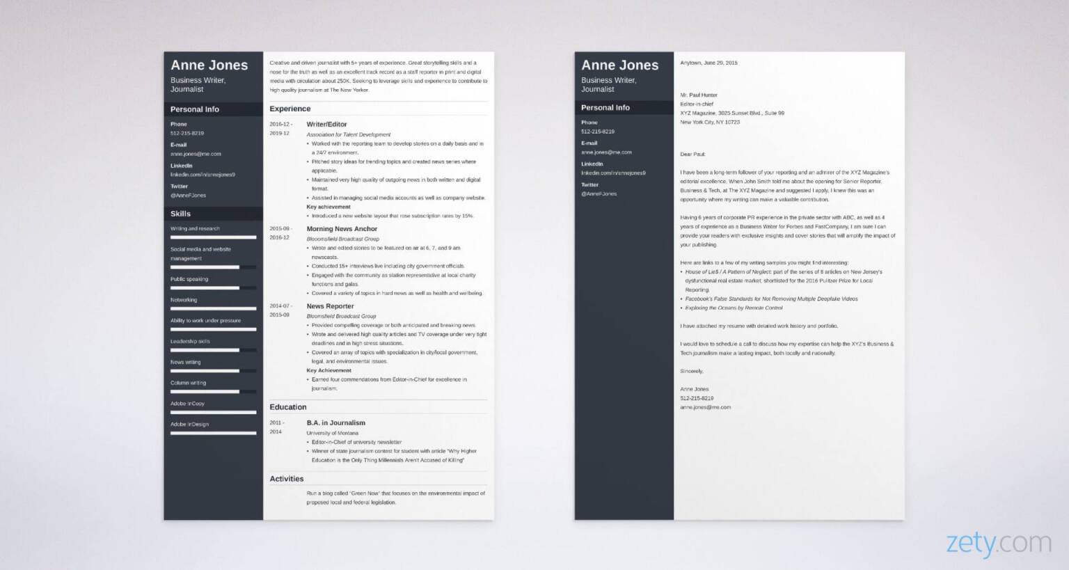 journalism resume and cover letter set