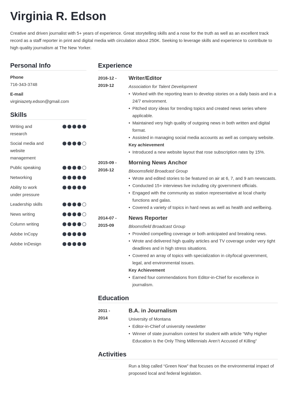 journalism resume example template simple