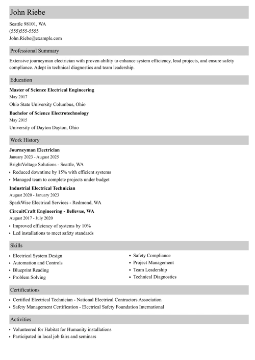 journeyman electrician resume example