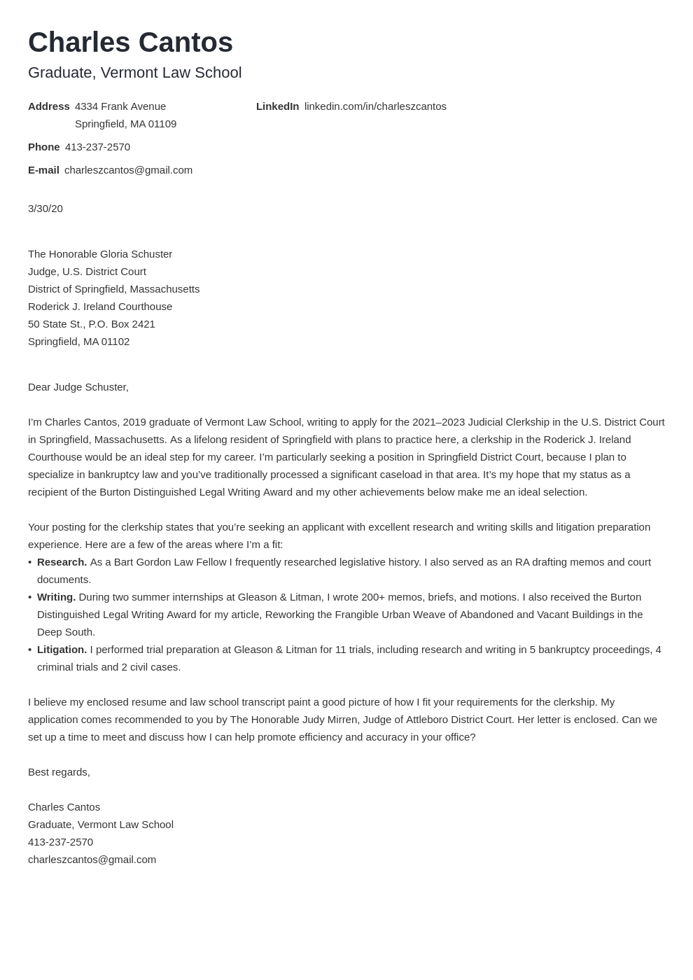 Clerkship Cover Letter Sample Harvard