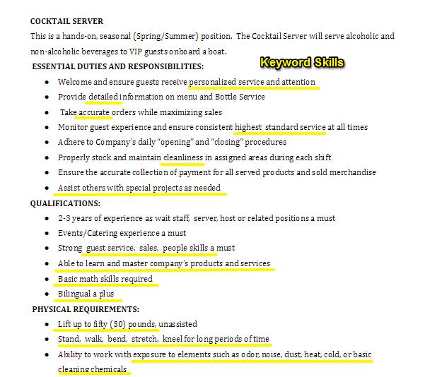 keywords in a cocktail server job offer
