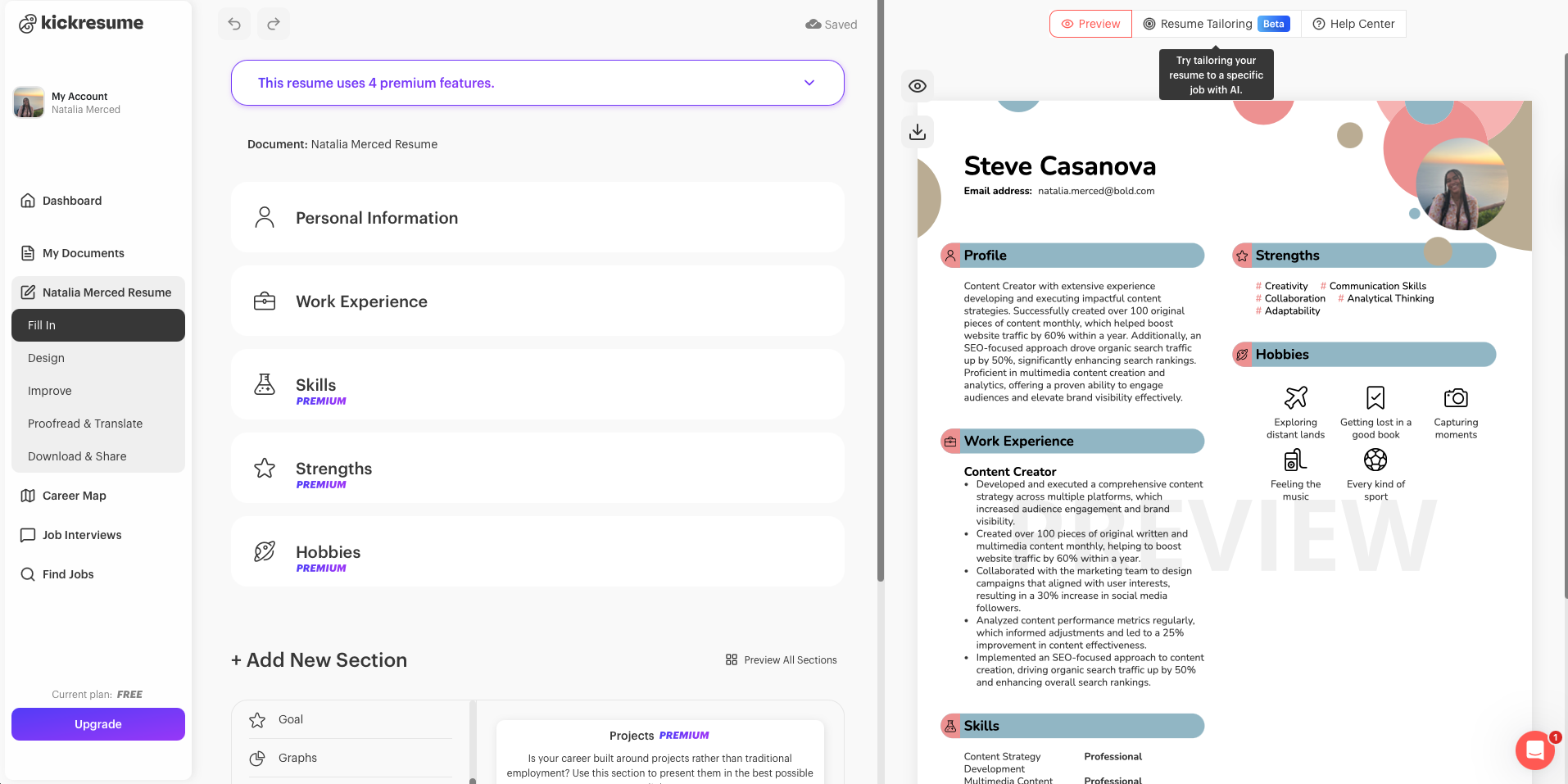 Screenshot of Kickresume's resume builder