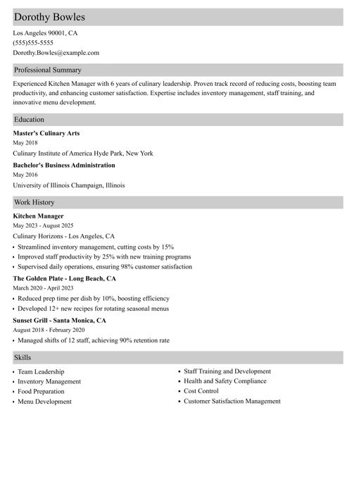 kitchen manager resume example