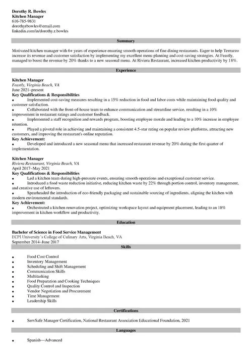 kitchen manager resume example