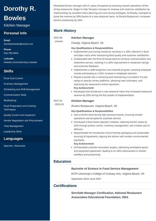 kitchen manager resume example