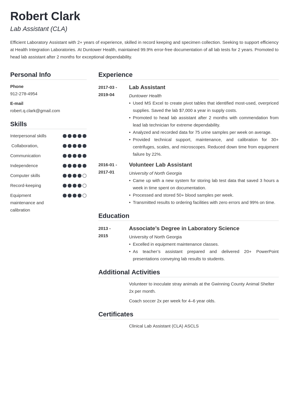 lab assistant resume example template simple