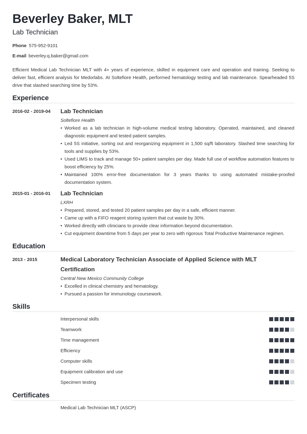 Lab Technician Resume Sample With Skills Job Description