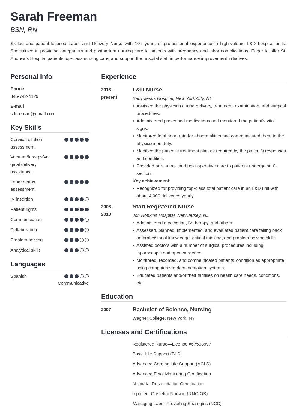 labor and delivery nurse resume example template simple