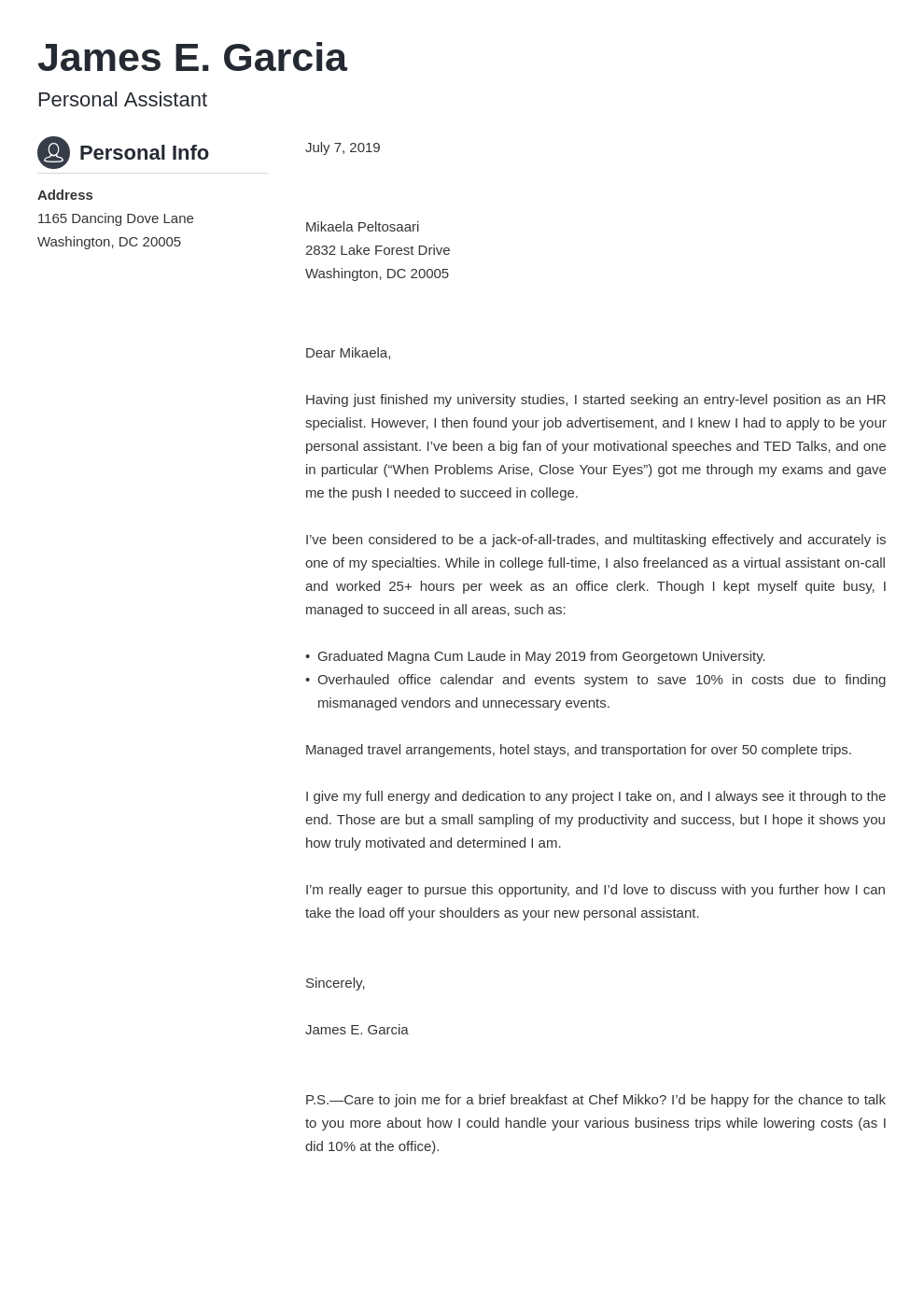 simple cover letter latex