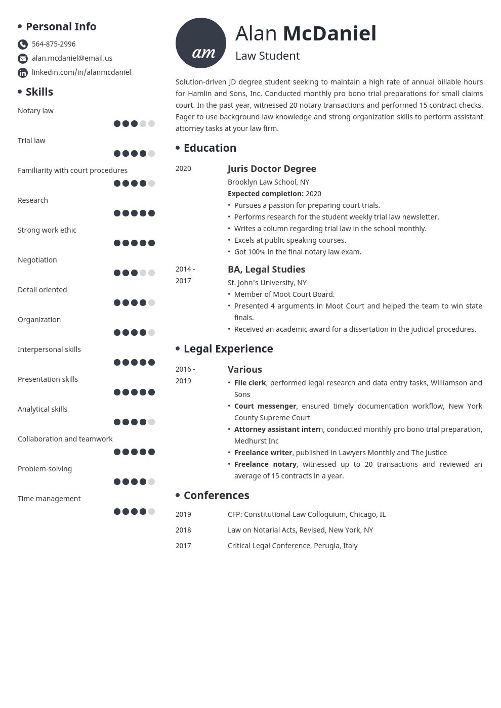 Law school admission resume