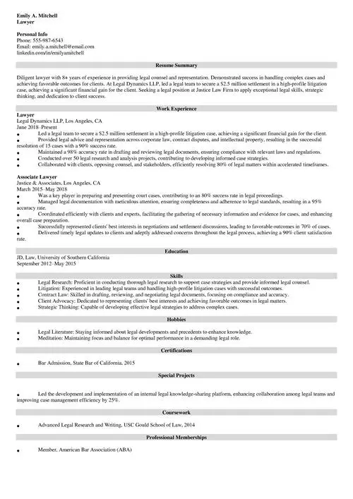 lawyer resume sample