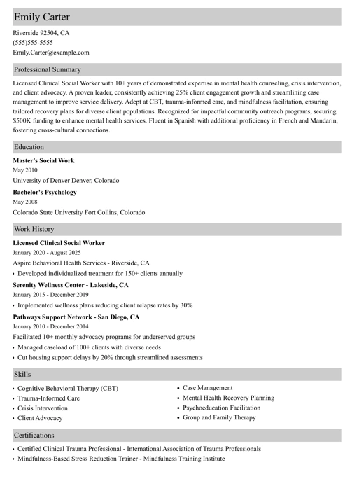 LCSW Resume Example