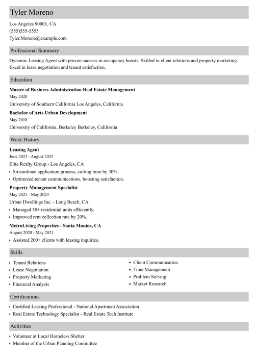 Leasing Agent Resume Sample