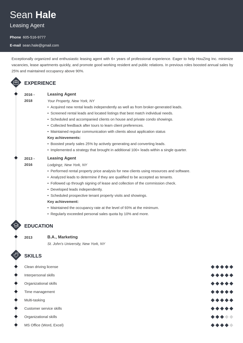 leasing agent resume example template diamond