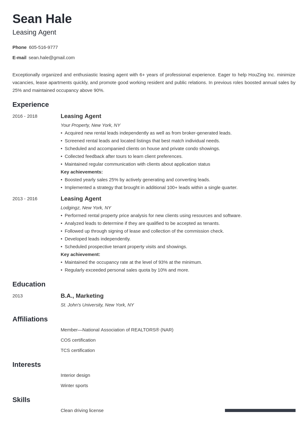 Leasing Agent Resume   Leasing Agent Resume Example Template Minimo 