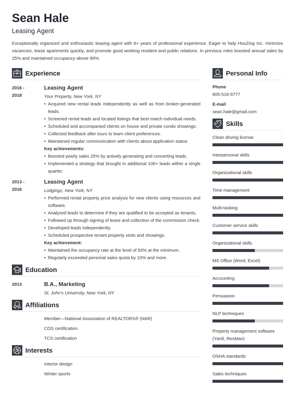 leasing agent resume example template vibes