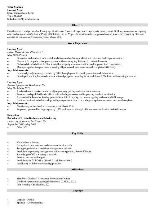 Leasing Agent Resume Sample