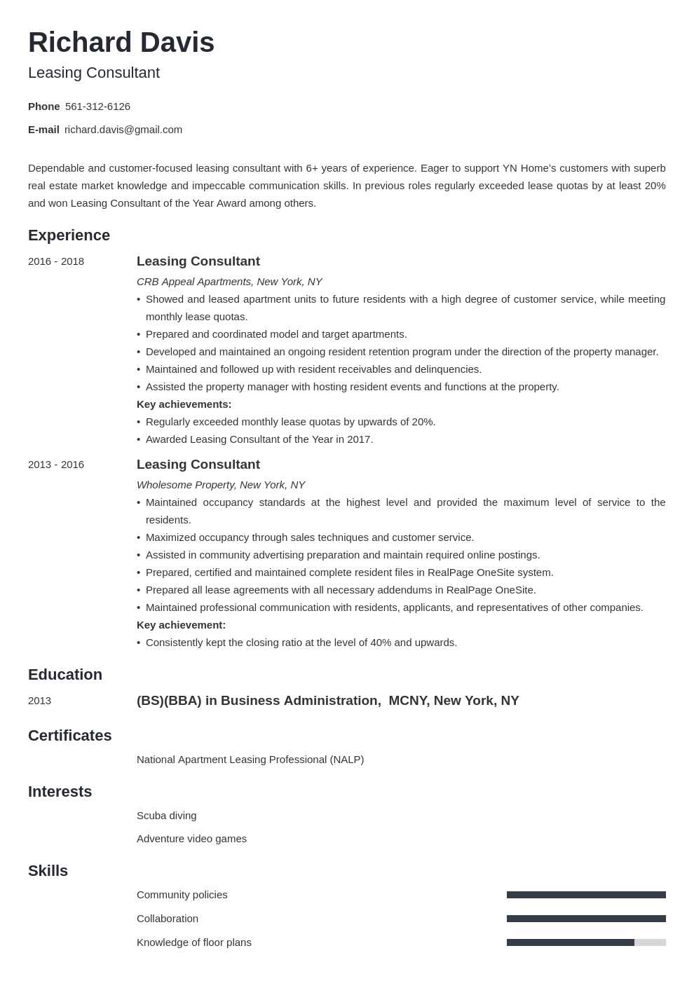 leasing consultant resume example template minimo