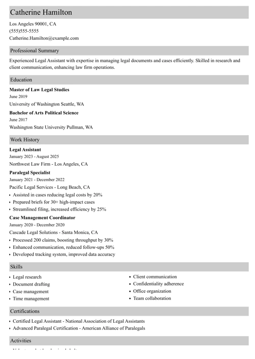 Legal assistant resume example