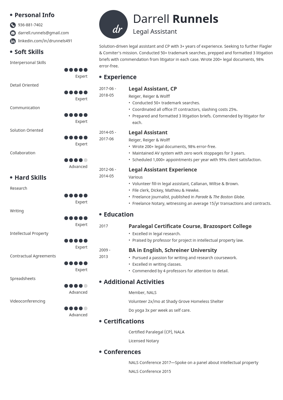 legal assistant resume example template initials