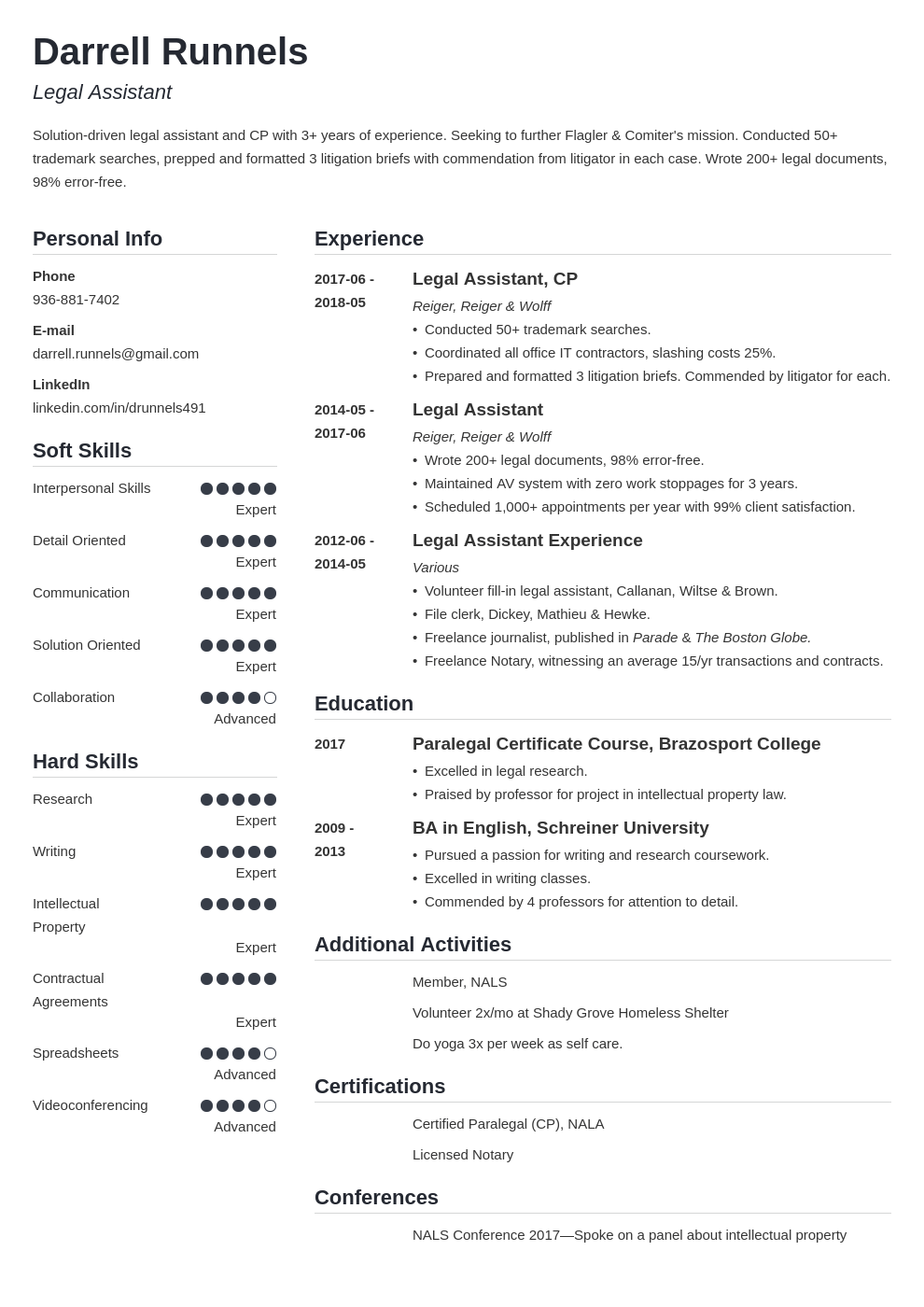 legal assistant resume example template simple