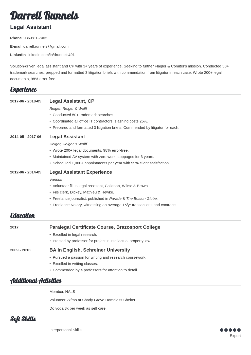 legal assistant resume example template valera