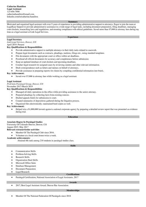 Legal assistant resume example
