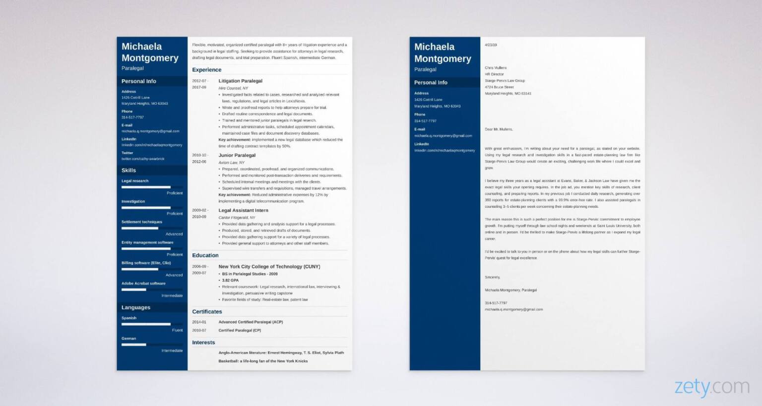 legal resume and cover letter set