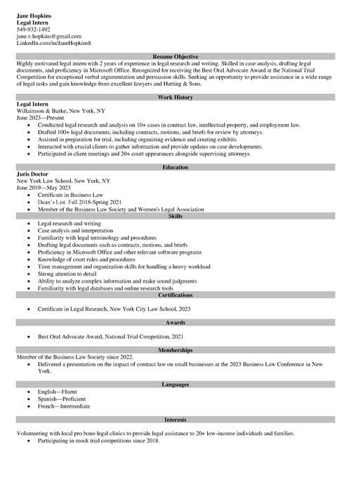 Legal Intern Resume Example