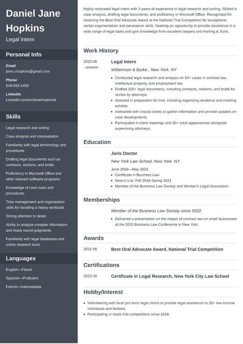 Legal Intern Resume Example