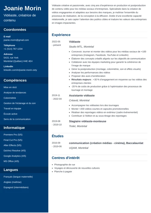 Exemple de CV Vidéaste, créatrice de contenu sans photo avec colonne latérale bleu foncé