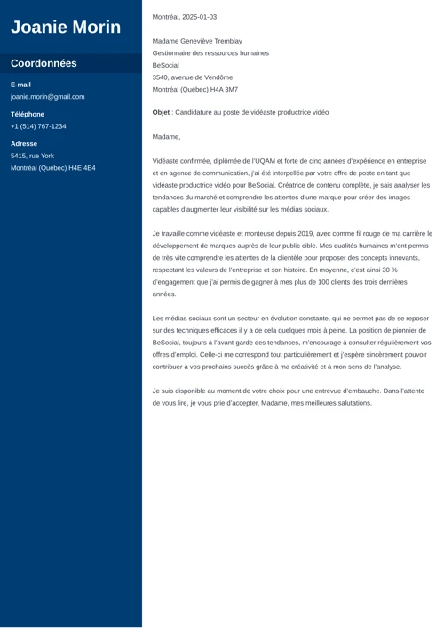 Exemple de lettre d'accompagnement de CV avec colonne latérale bleu foncé