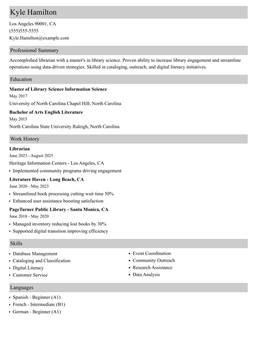 Librarian resume example