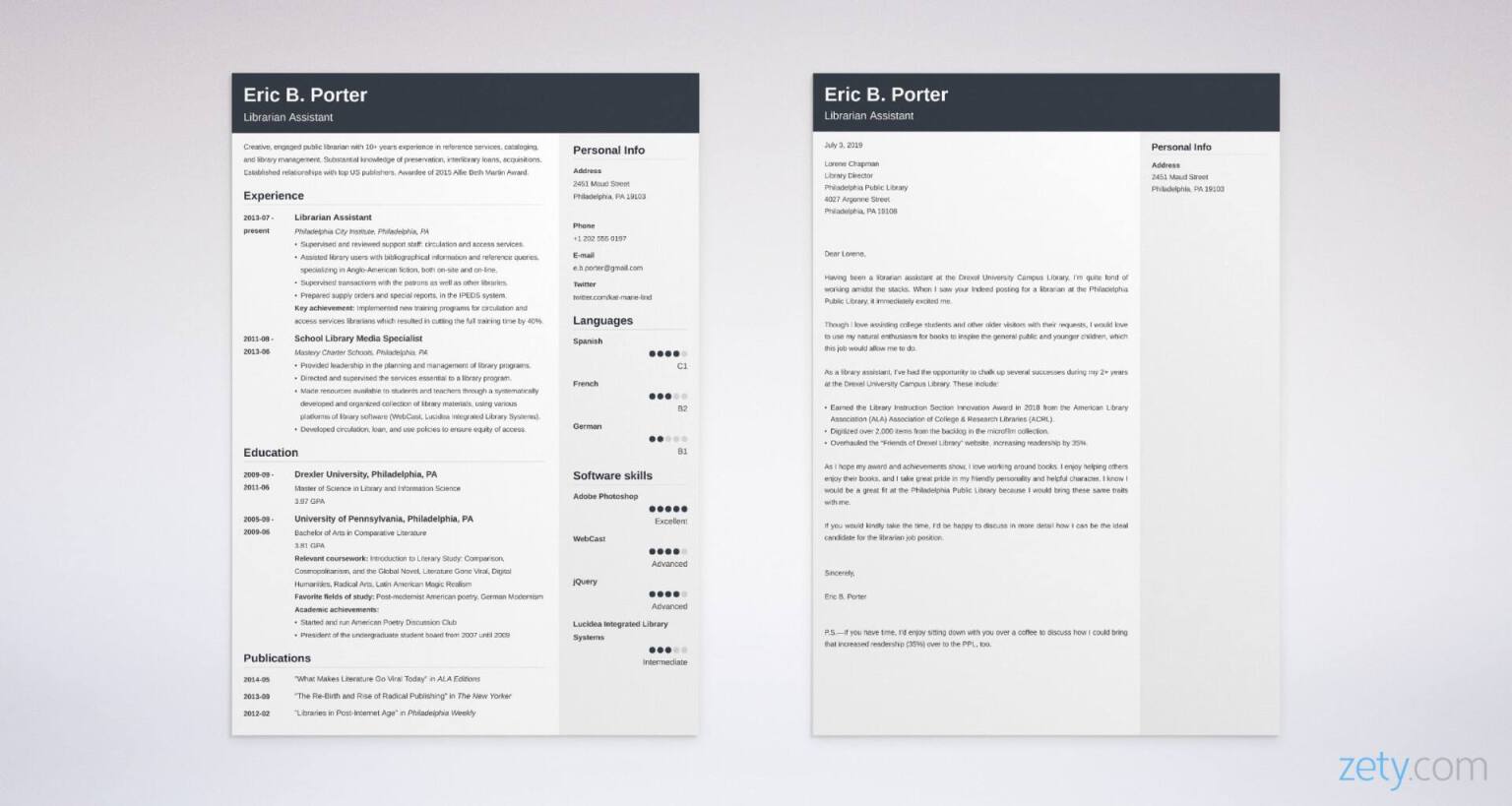 librarian resume and cover letter set