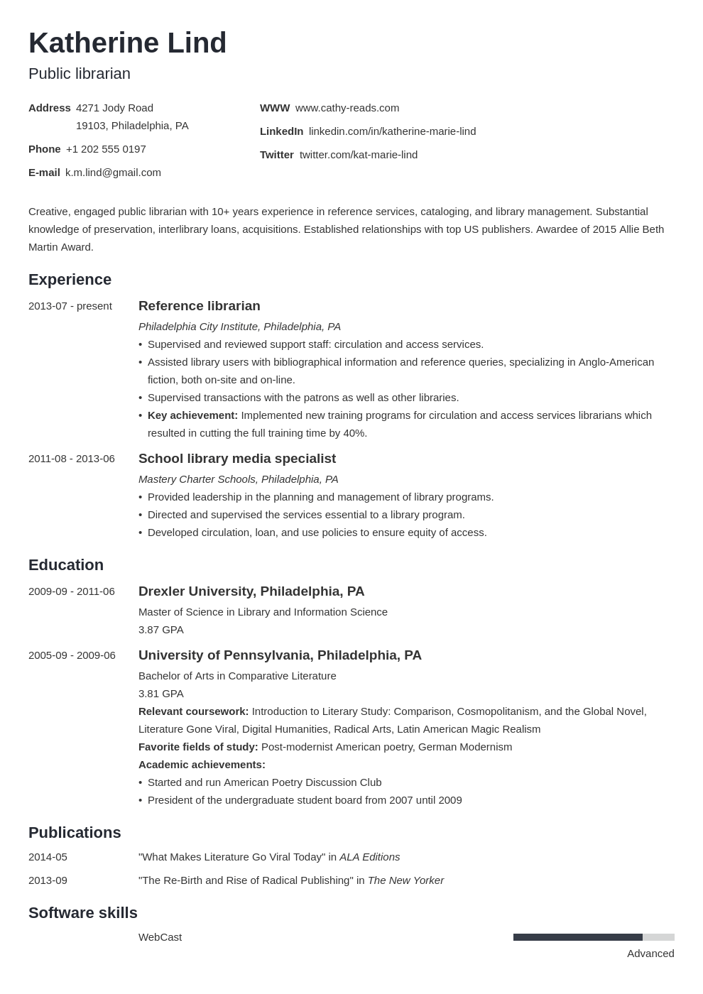 librarian resume example template minimo