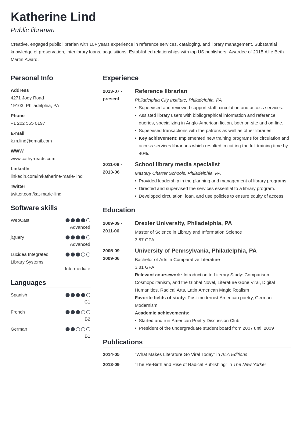 librarian resume example template simple
