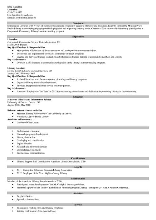 Librarian resume example