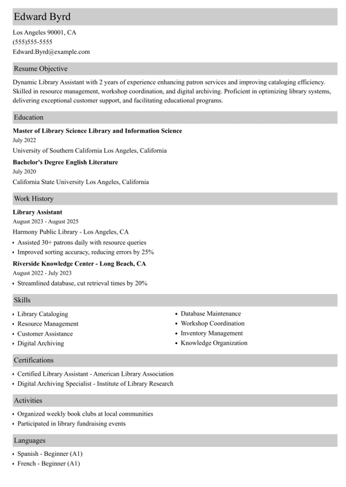 slibrary assistant mple resume example