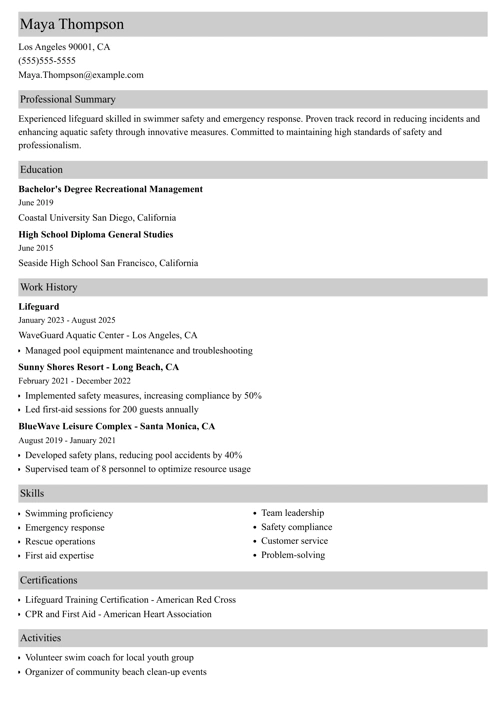 Lifeguard Resume Sample