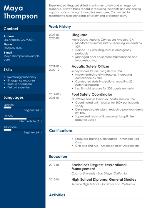 Lifeguard Resume Sample