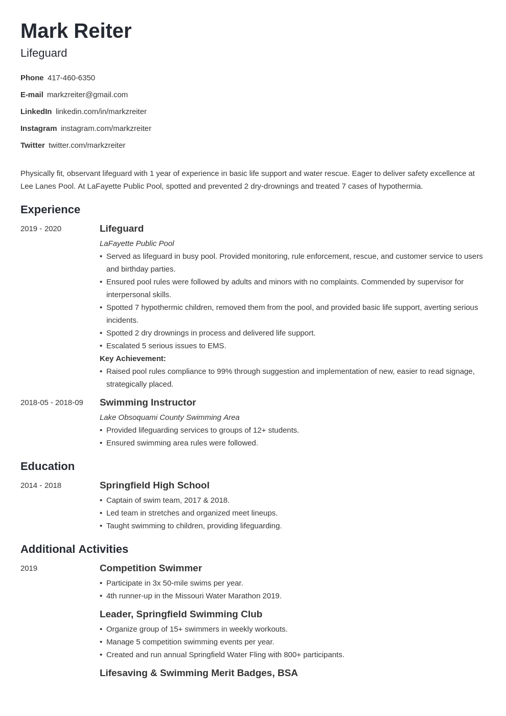 lifeguard resume example template minimo