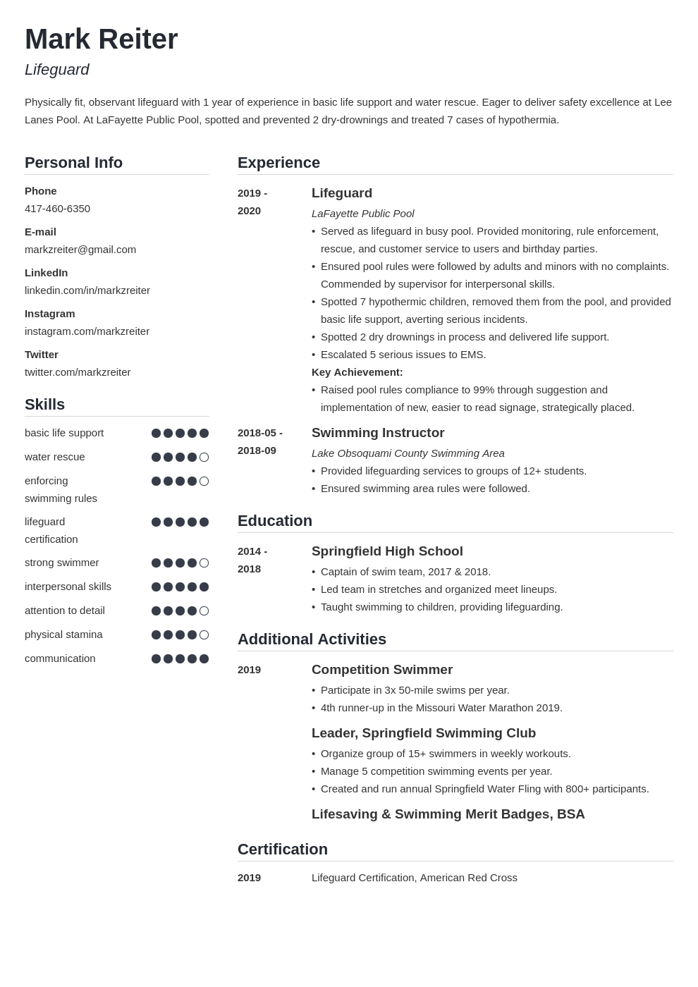 lifeguard resume example template simple