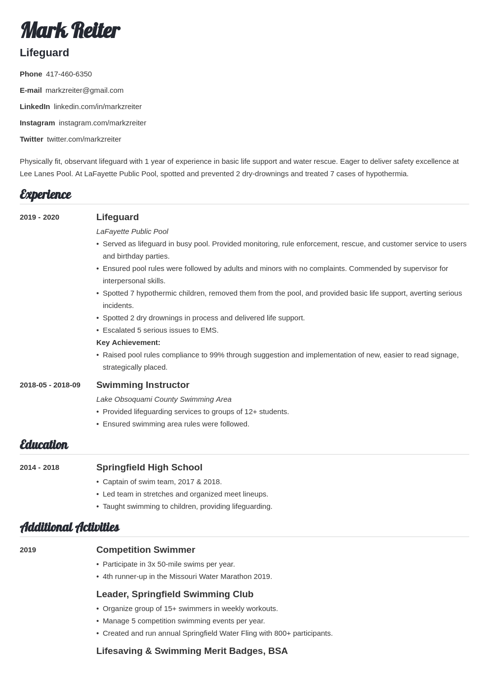 lifeguard resume example template valera