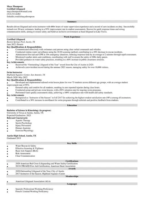 Lifeguard Resume Sample